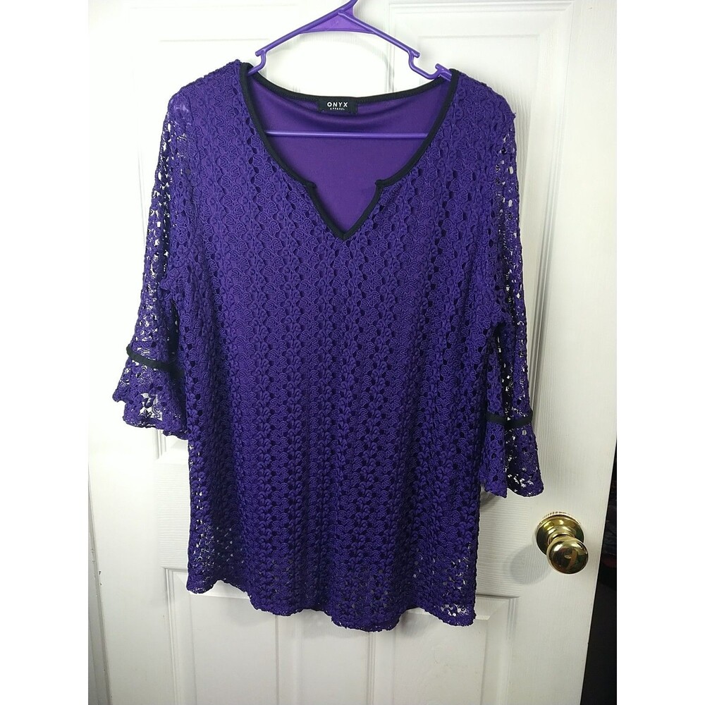 Onyx Apparel Woman L* Tank Tunic Lace Overlay Blouse V Neck Flare Sleeve